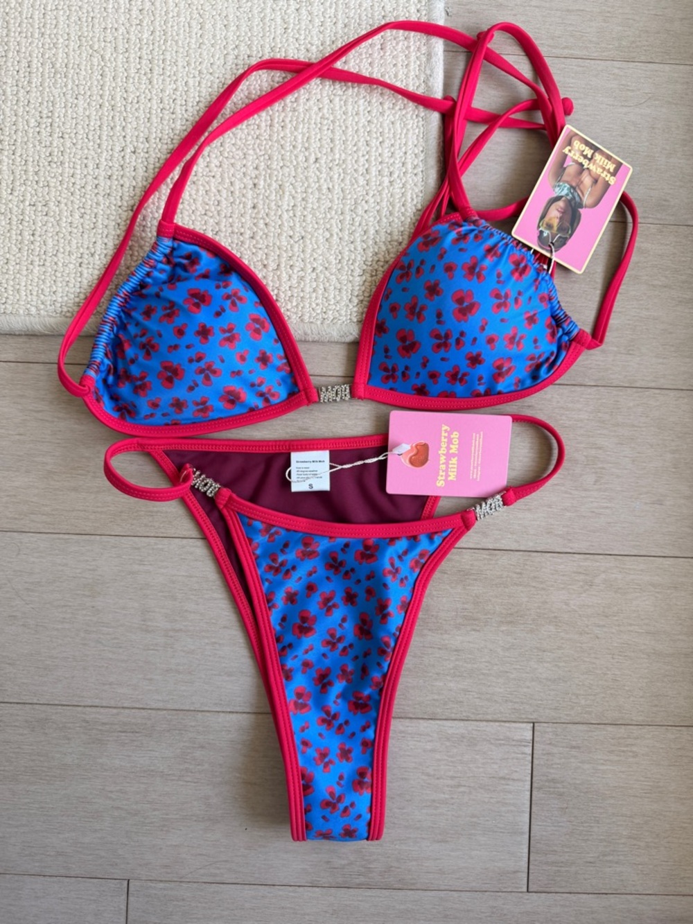 Strawberry Milk Mob Sapphire Blue Floral Swim Bikini with Red Trim